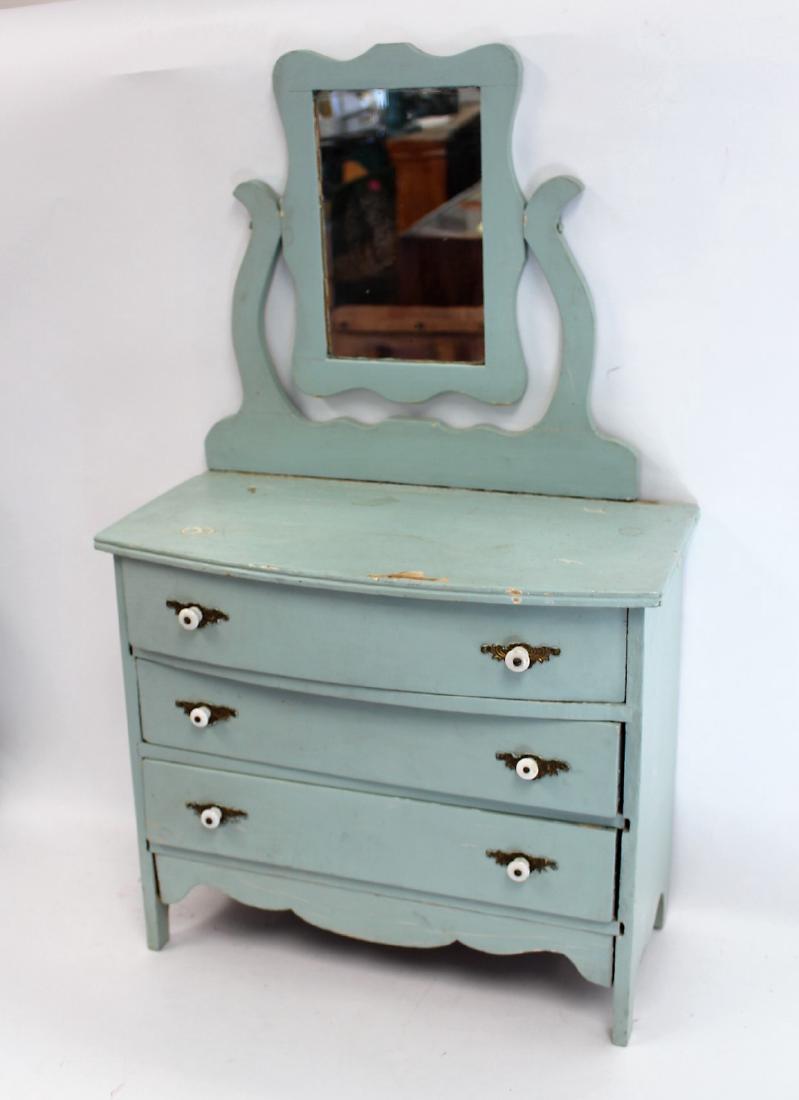 Antique Painted Wood Doll's Dresser: Painted wood doll's dresser with mirror; 30.5in.H. x 18in.W.
