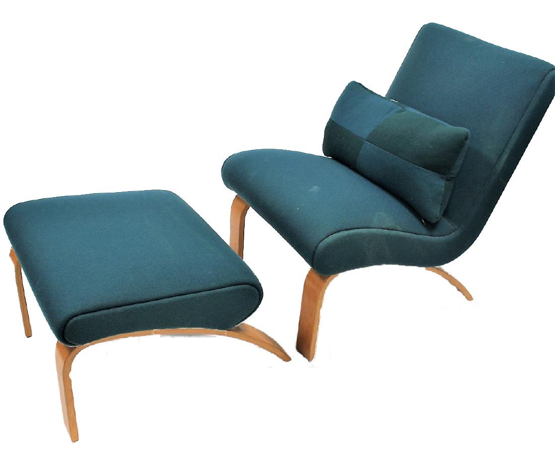 Mid Century Upholstered Lounge Chair and Ottoman: Modernica upholstered lounge chair and ottoman. Bentwood laminated legs. Original upholstery with tag and accent pillow; 29in.H. x 30in.L. x 22in.W.(chair); 15in.H. x 20.5in.L. x 20in.W.(ottoman)