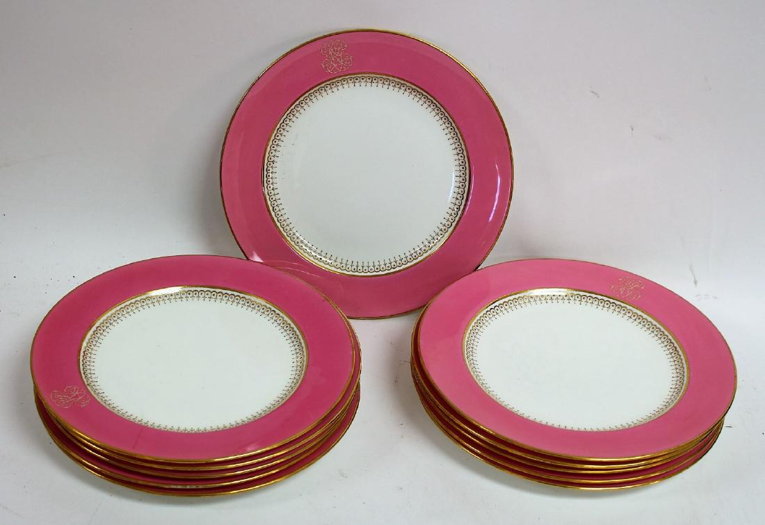 Set of T. Goode & Co. Minton Porcelain Plates(23): Set of 23 porcelain plates. Pink and white decoration. Monogramed; 10in.D. #185064