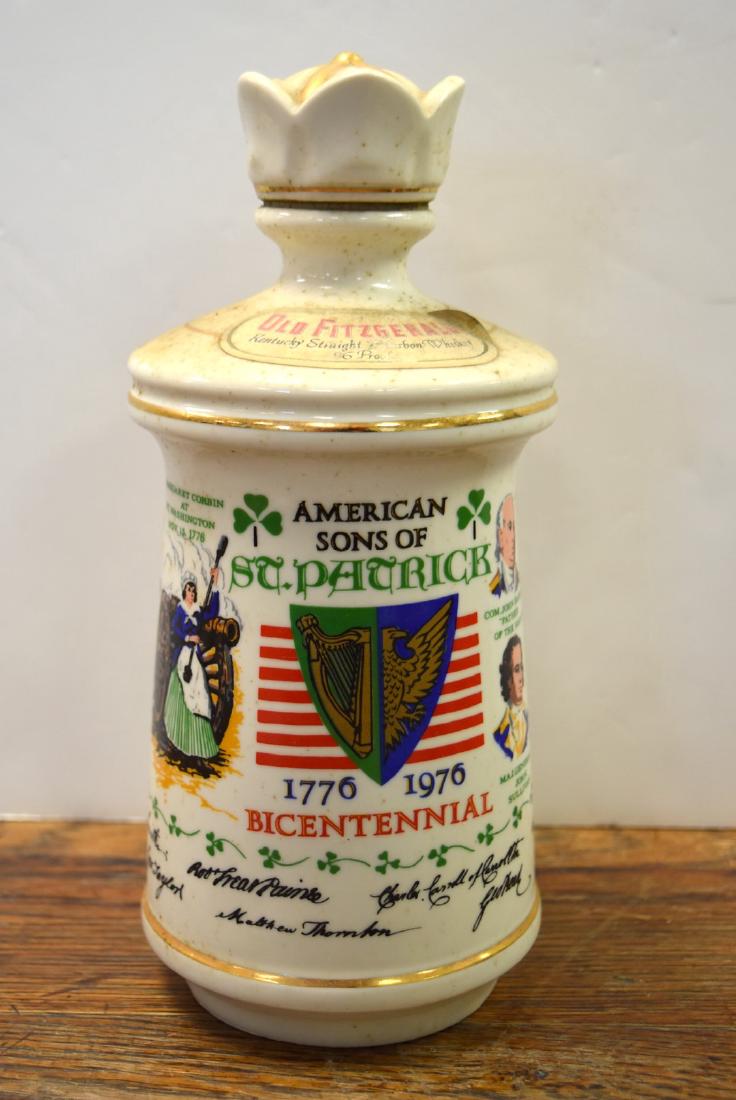 Old Fitzgerald Bourbon Bicentennial Collector's Bottle: American Sons of St. Patrick Bicentennial Porcelain Collectors' Bottle. Kentucky Straight Bourbon Whiskey. 96 proof. With seal