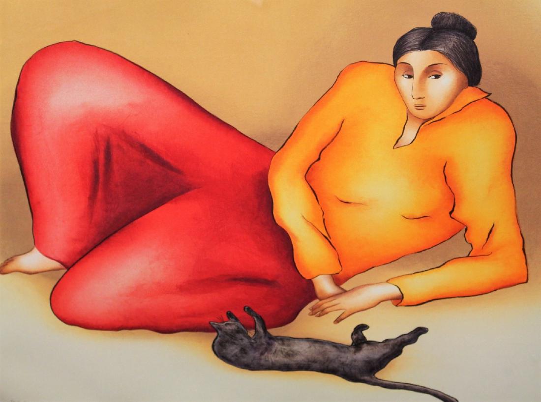 R.C. Gorman; Framed Lithograph - Woman and Cat (1 of 6)