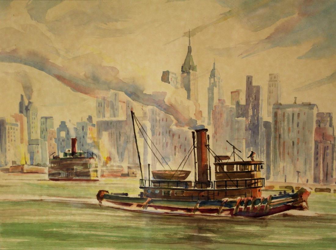 20thC. American Watercolor - Tug in NY Harbor: Watercolor on paper. Tugboat in New York Harbor; 12in. X 16in.(image size)