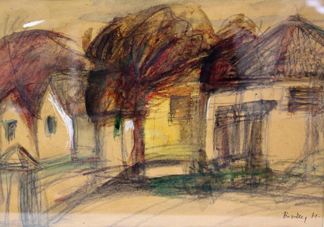 Maria Bozoky; 20thC. Hungarian Watercolor Signed: Watercolor and charcoal on paper. Villiage Homes. Signed l.r. Having original labels affixed to reverse; 11in. X 15.75in.(image size)