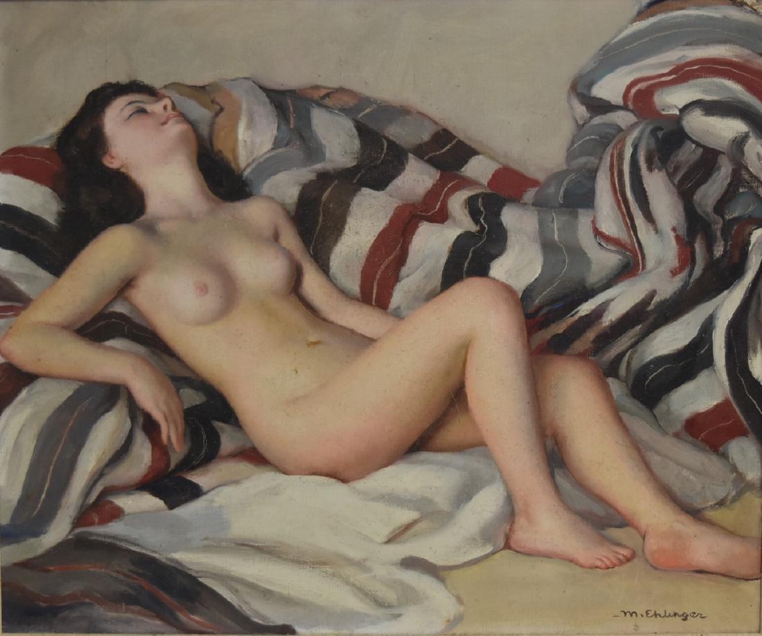 Maurice Ehlinger(French 1896-1981): Oil on canvas. Reclining Nude on a Striped Blanket. Signed l.r.; 21.25in. X 25.5in.