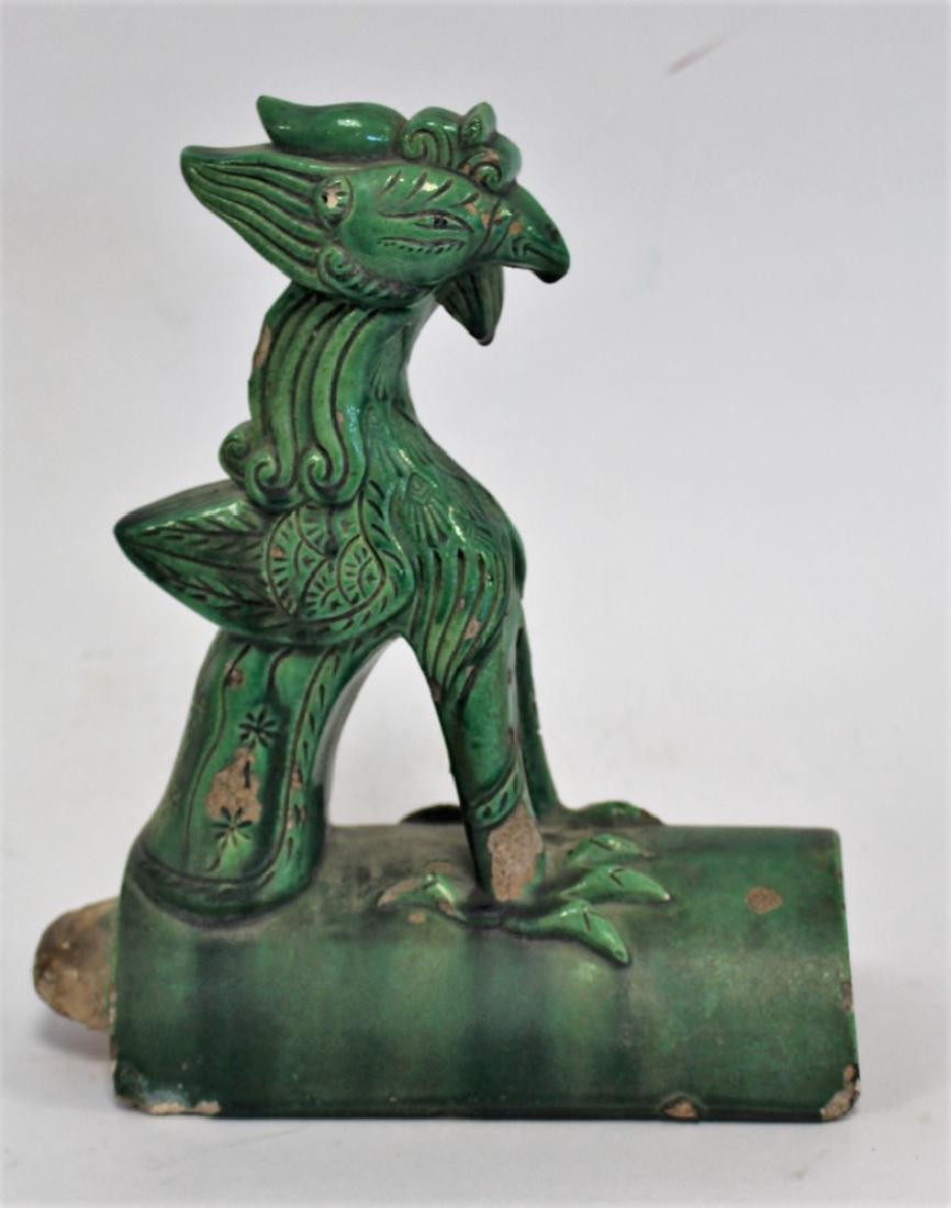Chinese Glazed Pottery Roof Tile: Green glazed bird-form pottery roof tile; 10in.H. x 9in.W. #185047