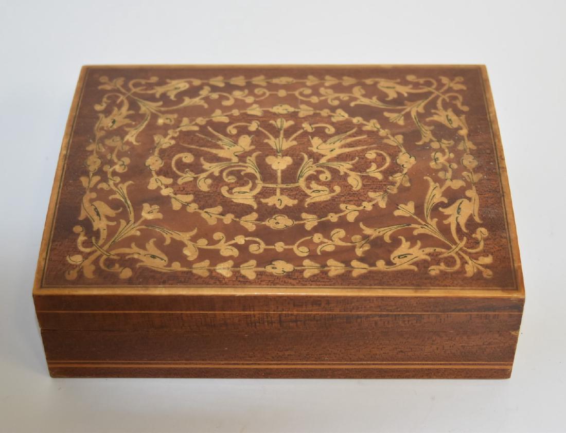 Satinwood Inlaid Wood Box: Intricately inlaid wood box. Bird and floral decoration; 2in.H. x 6.75in.W. x 5in.D.