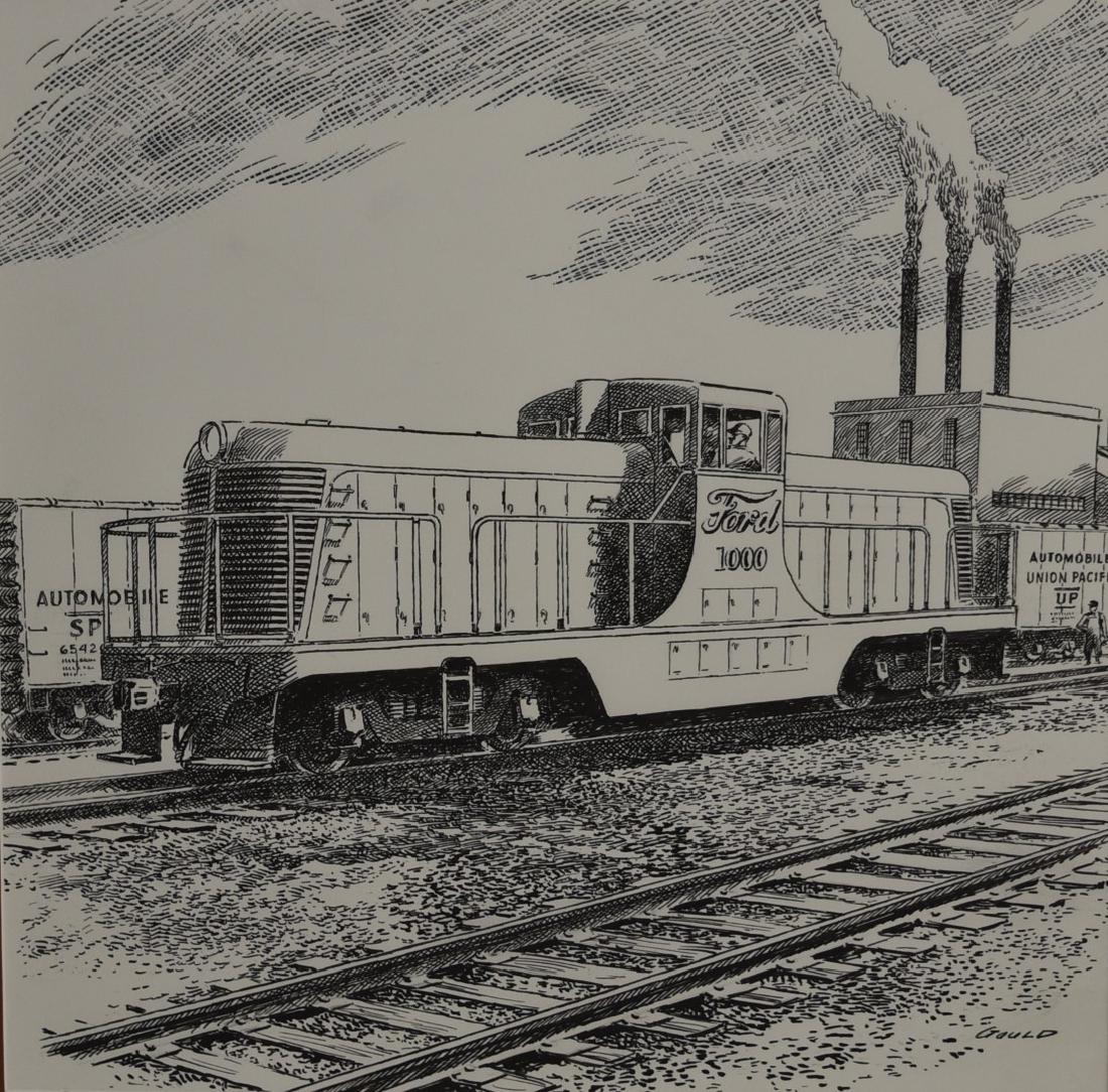 John Gould; 20thC.Pen and Ink Illustration: Pen and ink on paper. Rail illustration. The Ford 1000 Locomotive. Signed l.r.; 14.5in. X 14.5in.(image size)