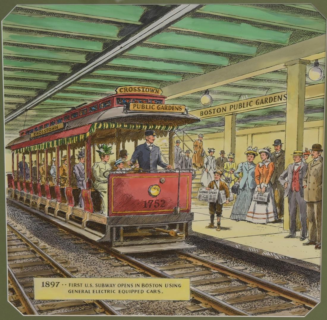 John Gould; 20thC.Mixed Media Illustration: Watercolor and ink on paper. Rail illustration. Boston - First US Subway, 1897. Signed l.l. and having commemoration; 16in. X 16in.(image size)