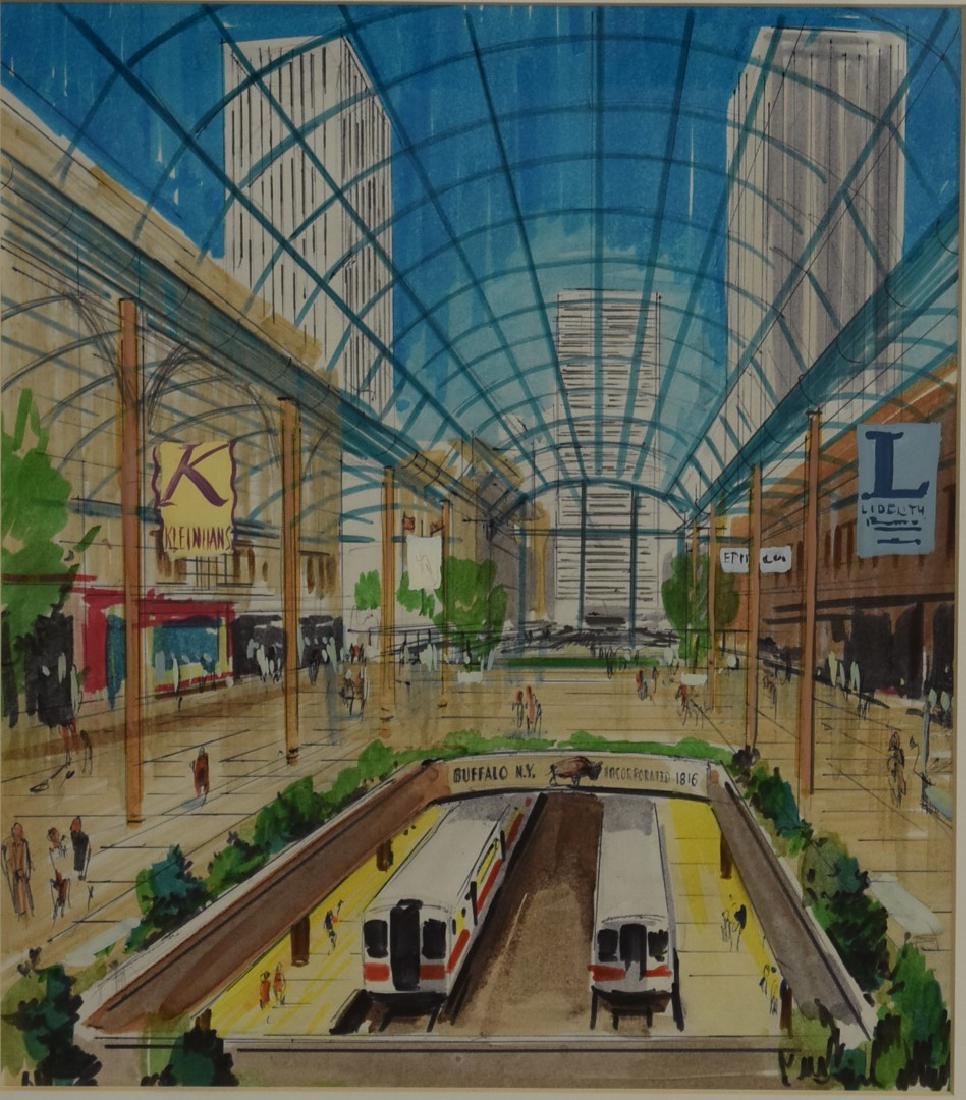 John Gould; 20thC.Mixed Media Illustration: Watercolor, felt tip pen and ink on paper. Rail illustration. Buffalo, NY Subway. Unsigned; 12in. X 10.75in.(image size)