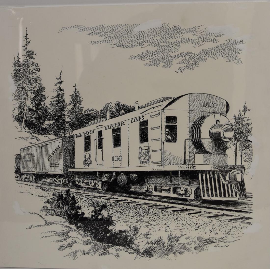 John Gould; 20thC.Pen and Ink Illustration: Pen and ink on paper. Rail illustration. Dan Patch Electric Lines. Signed l.r.; 14.5in. X 14.5in.(image size)