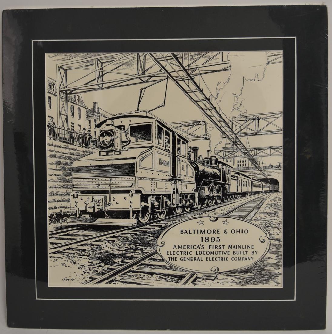 John Gould; 20thC.Pen and Ink Illustration: Pen and ink on paper. Rail illustration. Baltimore and Ohio 1895 - America's First Mainline. Signed l.l.; 13.25in. X 13.25in.(image size)