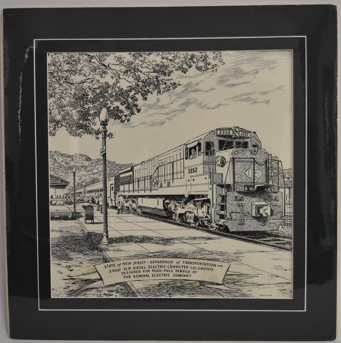 John Gould; 20thC.Pen and Ink Illustration: Pen and ink on paper. Rail illustration. State of New Jersey - Department of Transportation. Signed l.r.; 14in. X 14in.(image size)