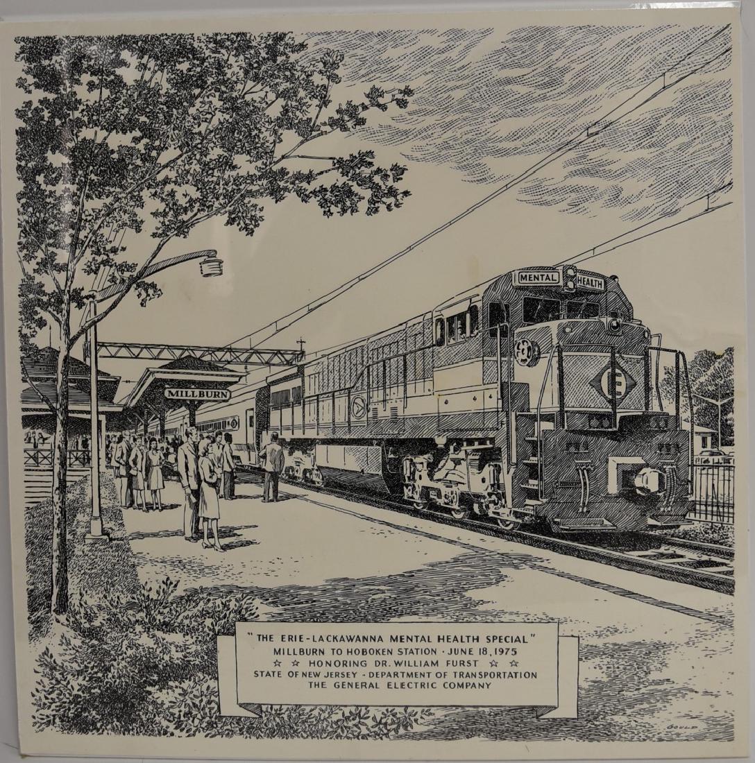 John Gould; 20thC.Pen and Ink Illustration: Pen and ink on paper. Rail illustration. The Erie-Lackawanna Mental Health Special. Signed l.r.; 17in. X 16.5in.(image size)