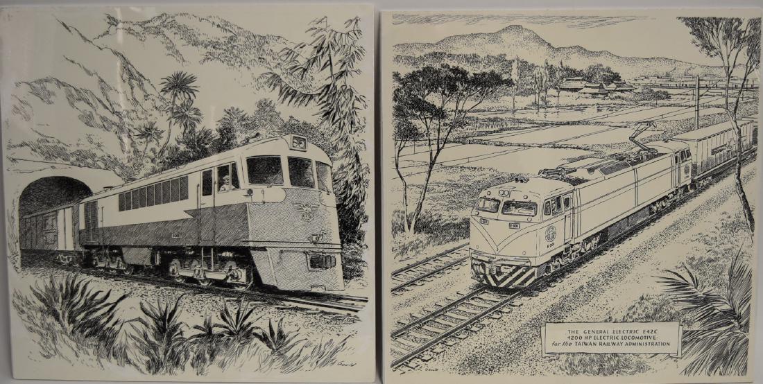John Gould; Two(2) 20thC.Pen and Ink Illustrations: Two(2) pen and ink on paper. Rail illustrations. Signed; 16.75in. X 17in.(image size)