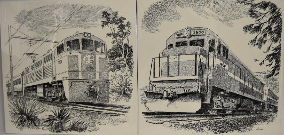 John Gould; Two(2) 20thC.Pen and Ink Illustrations: Two(2) pen and ink on paper. Rail illustrations. Signed; 17.5in. X 18in.(image size)