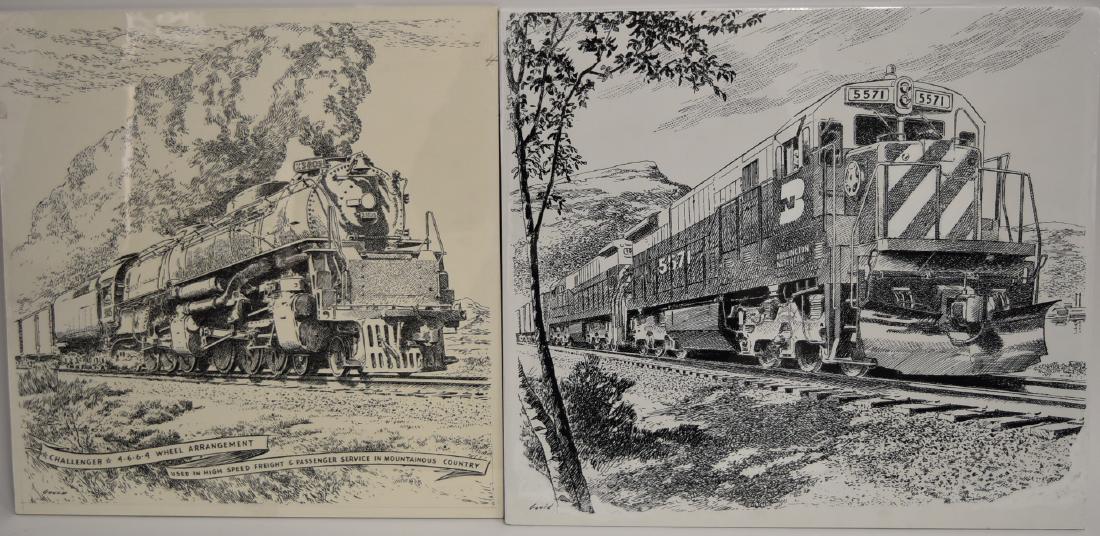 John Gould; Two(2) 20thC.Pen and Ink Illustrations: Two(2) pen and ink on paper. Rail illustrations. Signed; 15.5in. X 15in.-15.5in. X 17.25in.(image size)