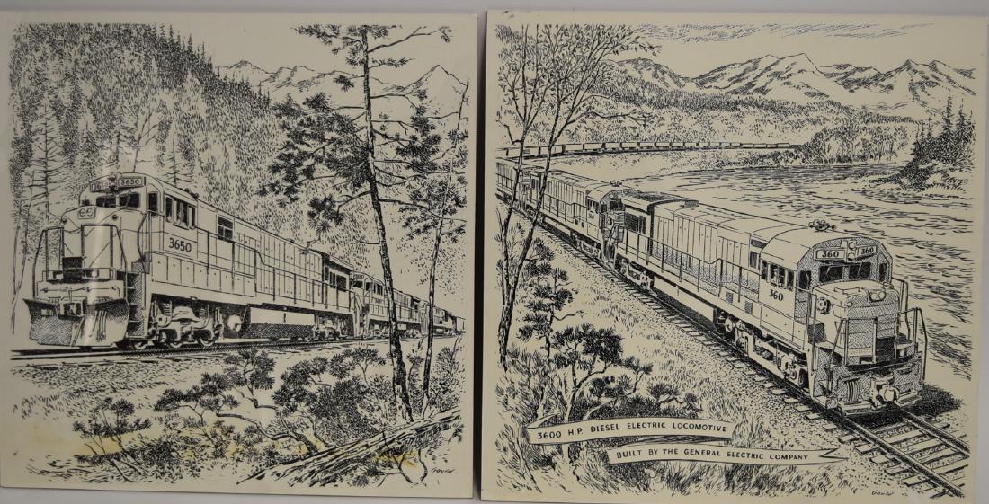 John Gould; Two(2) 20thC.Pen and Ink Illustrations: Two(2) pen and ink on paper. Rail illustrations. Signed; 15in. X 15in.(image size)