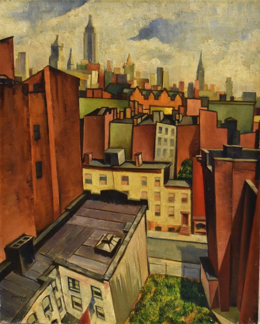 Samuel Norkin; 20thC. American Oil - NYC Rooftops: Oil on canvas. NYC Rooftops. Signed l.l. and dated '39; 20in. X 16in.