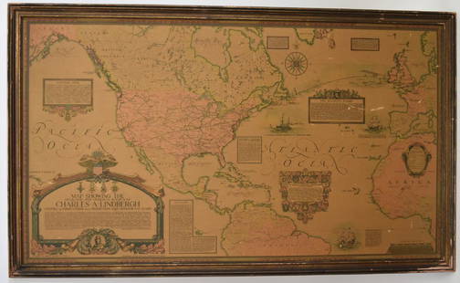 Framed Map - Charles Lindbergh: Framed reproduction map. Showing the Overland and Overseas Flights of Charles Lindbergh; 26.5in. X 46in.