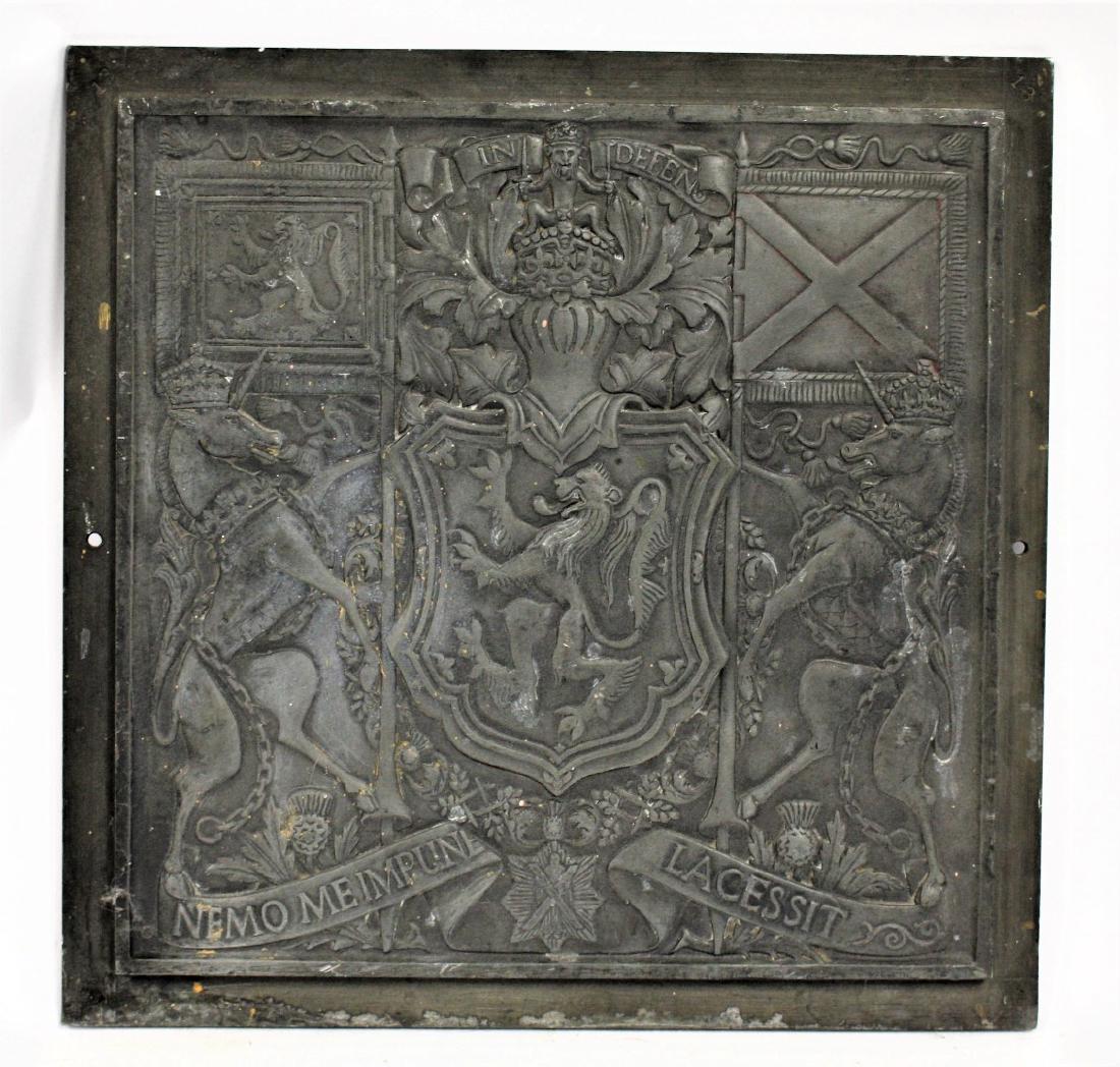 Early Cast Zinc Coat of Arms Plaque: Cast zinc. Coat of Arms Plaque - Nemo Meimpune Lacessit; 13.75in. X 13.75in.