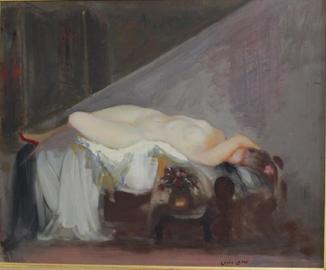Louis Lemp; 20thC. American Oil - The Boudoir Signed: Oil on board. The Boudoir(Reclining Nude). Signed l.l.; 17in. X 21in.