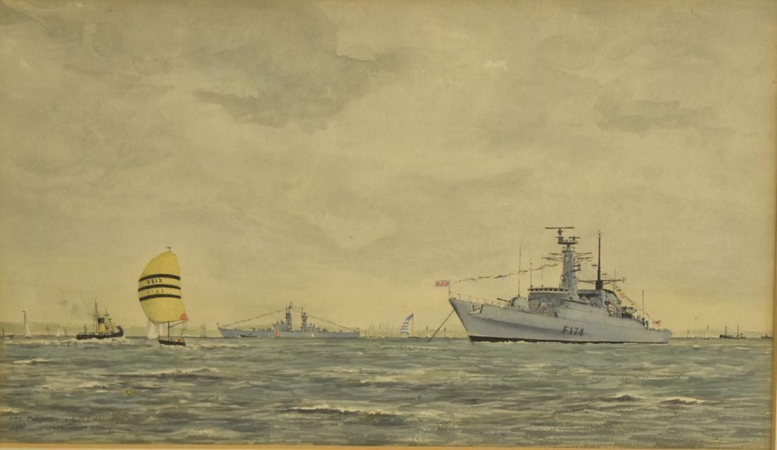 D. Addey; English Watercolor Signed: Watercolor on paper. USS California and HMS Alacrity. Signed, inscribed and dated 28th June 1977(Exhibitor to the Royal Marine Society; Provennce: Christie's, NY); 8in. X 14in.(image size)