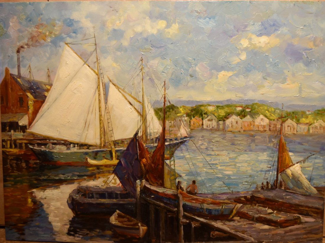 20thC. American School; Oil - Gloucester Harbor (1 of 4)