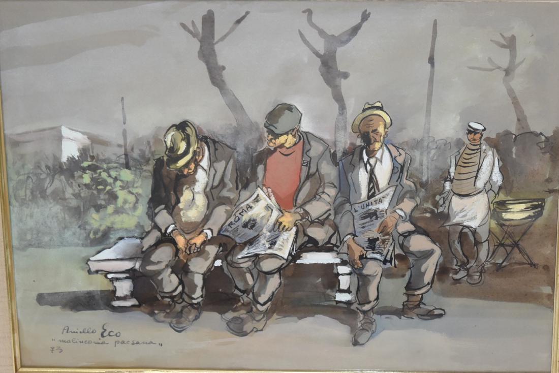 Aniello Eco; 20thC. Italian Watercolor Signed: Watercolor on paper. Malinconia Paesana. Signed, dated '73 and inscribed l.l.; 13.5in. X 19.5in.