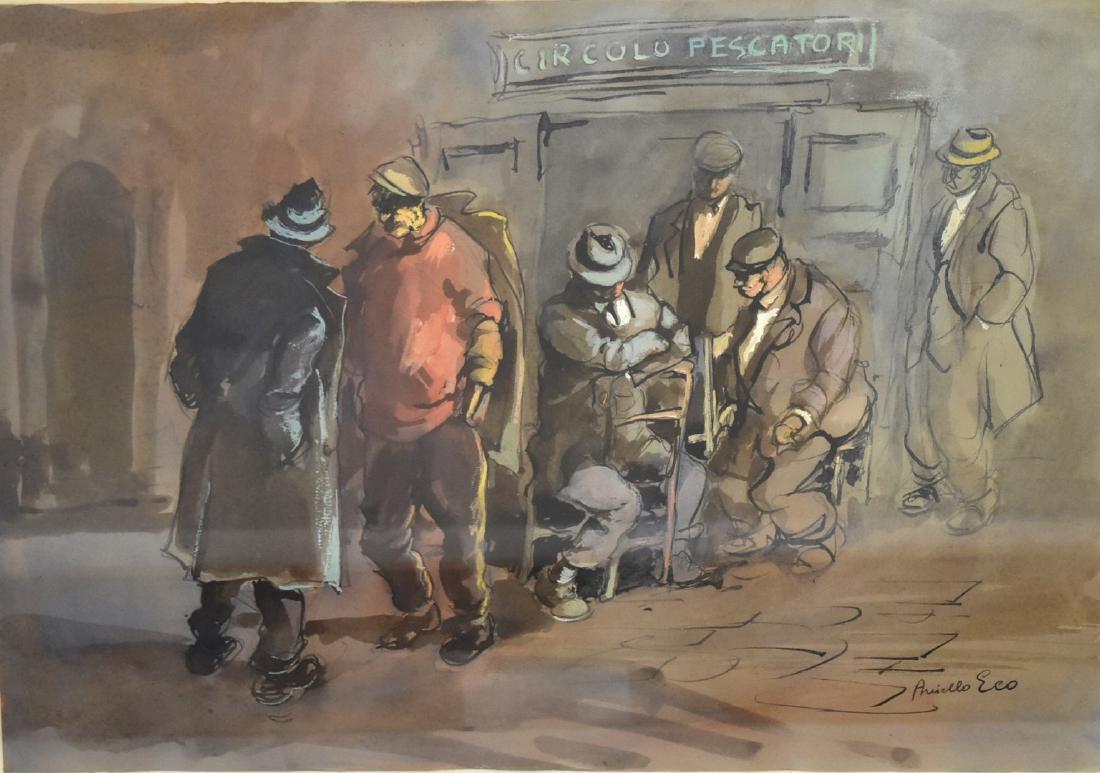 Aniello Eco; 20thC. Italian Watercolor Signed: Watercolor on paper. Circolo Pescatori. Signed l.r. and inscribed; 13.75in. X 19.5in.