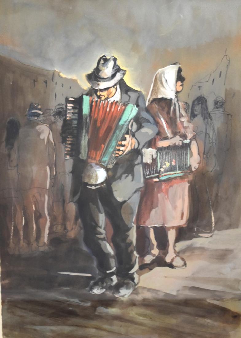 Aniello Eco; 20thC. Italian Watercolor Signed: Watercolor on paper. Street Musicians. Signed l.r. and inscribed; 19.5in. X 14in.