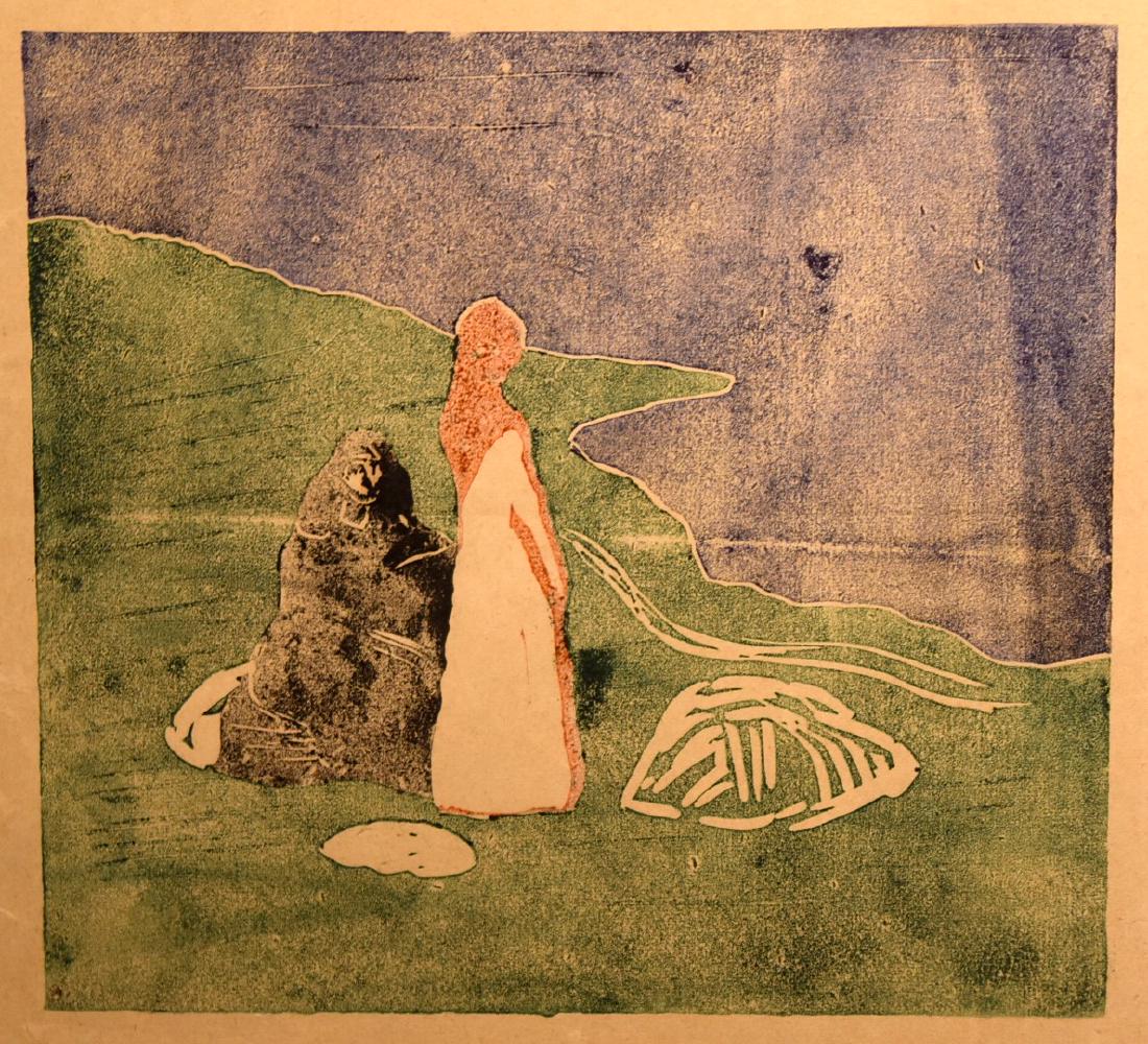 Edvard Munch(after); Color Woodcut Print: Color woodcut. Woman Along the Sea. Pencil signed l.r.; 5.5in. X 5.75in.(image size), 8.5in. X 12.5in.(paper size)