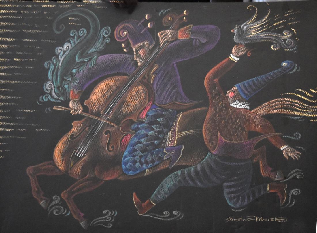 Sasha Meret; Modernist Pastel - The Jesters Signed: Pastel on black paper. The Jesters. Signed l.r. and dated 2001; 19.5in. X 25.5in.