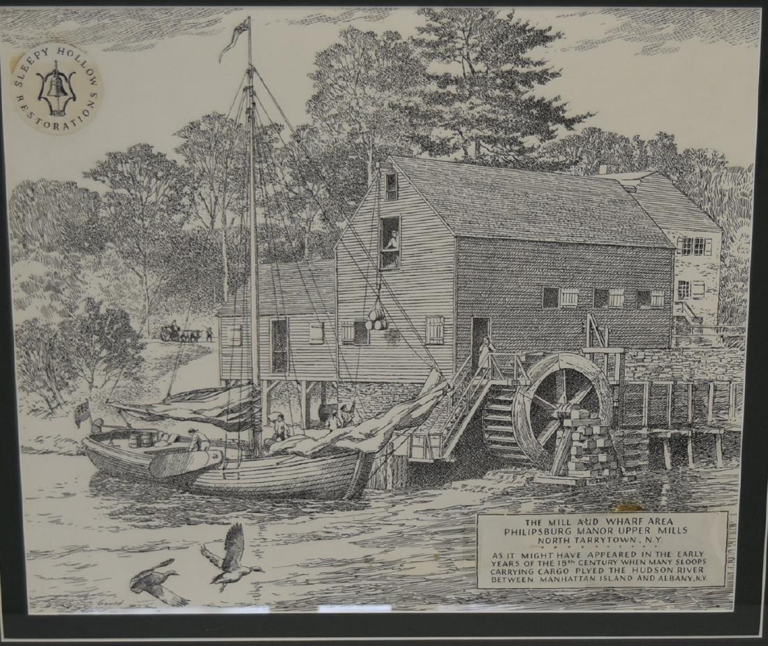 John Gould; 20thC. Pen and Ink Illustration Signed: Pen and ink on paper. The Mill and Wharf Area - Philipsburg Manor, Upper Mills - Noth Tarrytown, NY. Signed l.l.; 16.5in. X 19.5in.(image size)