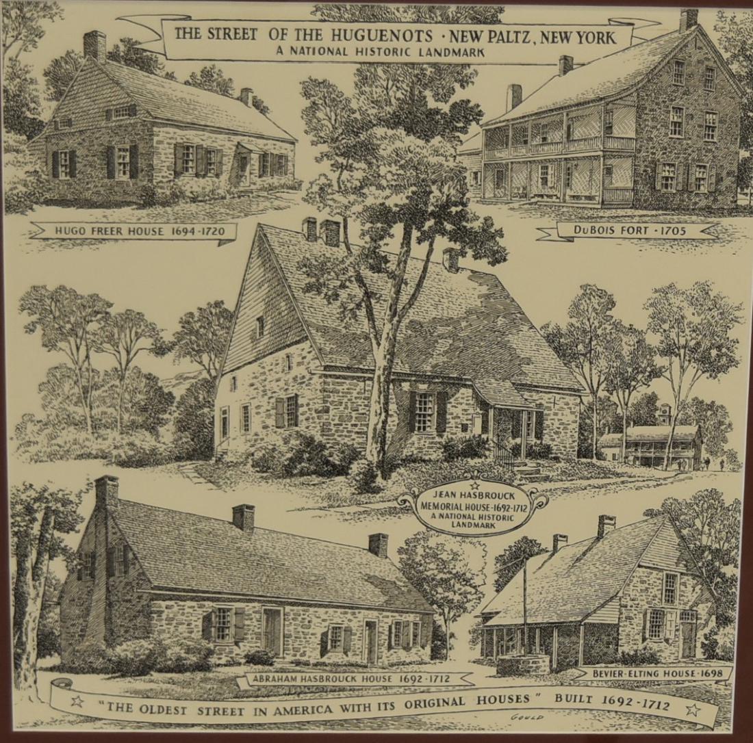 John Gould; 20thC. Pen and Ink Illustration Signed: Pen and ink on paper. The Streets of the Huguenots - New Paltz, NY. Signed l.r.; 16.25in. X 16.25in.