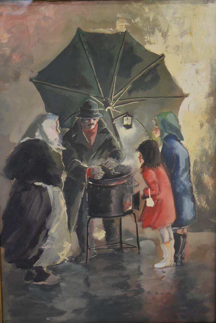 Aniello Eco; 20thC. Italian Watercolor Signed: Watercolor on paper. Street Vendor. Signed, dated '67 l.r.; 20in. X 13.5in.