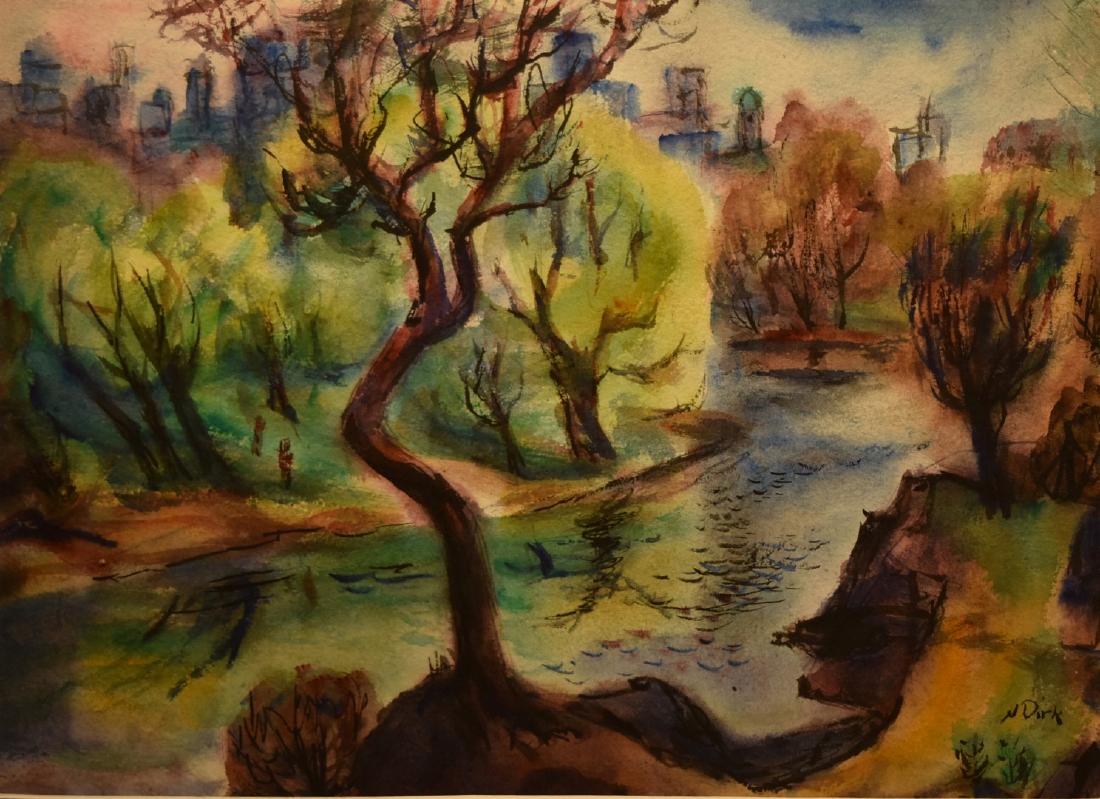 Nathaniel Dirk; 20thC. American Watercolor Signed: Watercolor on paper. Chartreuse Foliage(Central Park, NY). Signed l.r. Inscribed on reverse; 10.5in. X 14.5in.(image size)