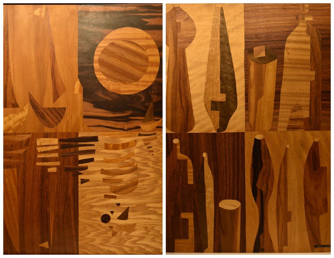 Pair of Italian Mid-Century Modernist Inlaid Wood: Pair of inlaid modernist wood plaques. Harbor Sunset and Still Life. Circa 1958; 27in. X 19in.each