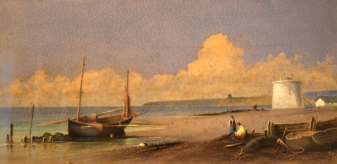 H.J. Walker; 19thC. American Watercolor - Along the: Watercolor on paper. Along the Shore by H.J. Walker. Accompanied by original backing with inscription by the artist; 7in. X 14in.(image size)