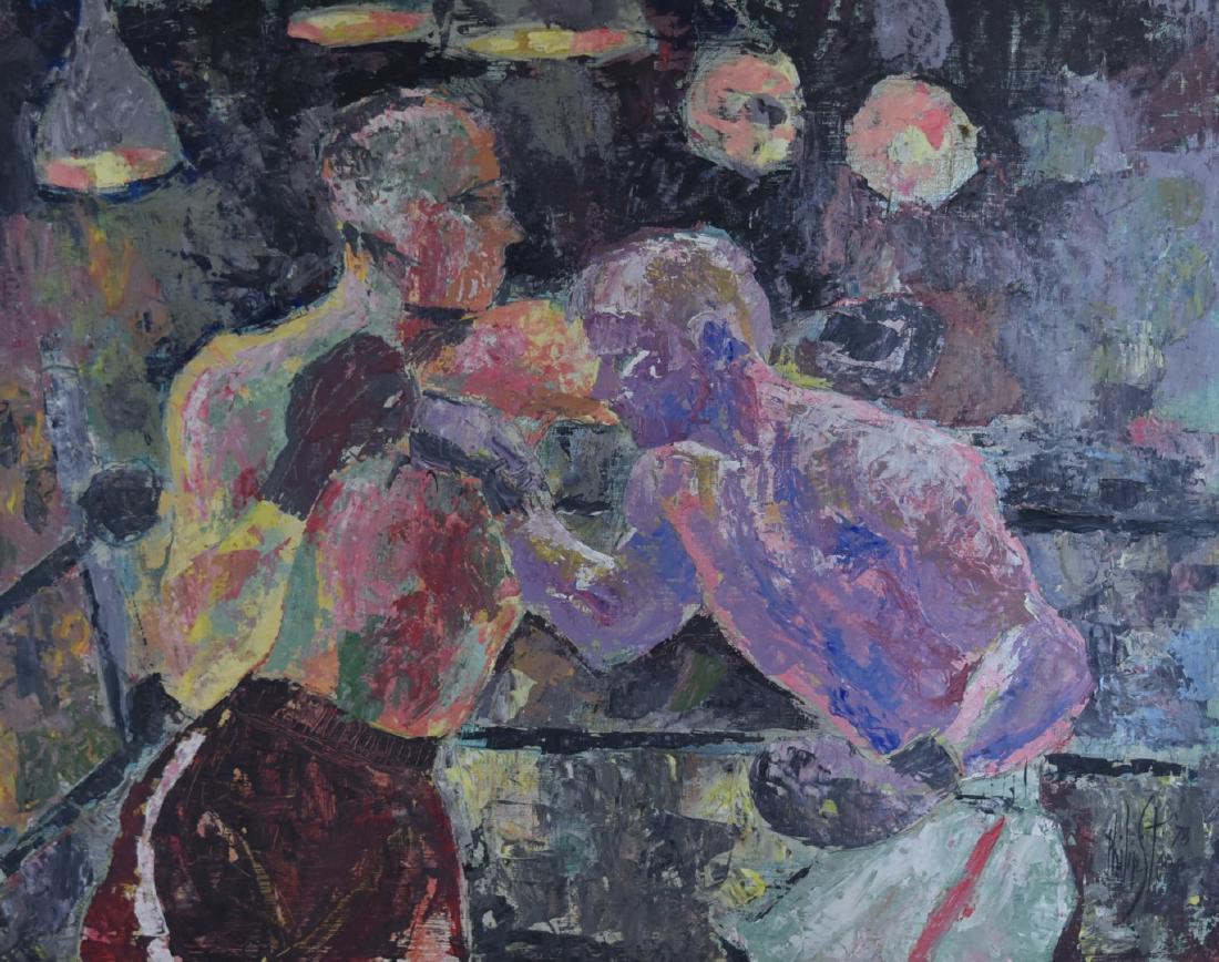 Philip Stone; 20thC. Modernist Oil - The Boxing Match: Oil on masonite. The Boxing Match. Signed l.r. and dated 1978; 24in. X 30in.