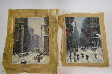 American School; Two(2) Oil Paintings - NYC Winter: Two(2) oil on canvas(unstretched). NYC Winter Scenes. In the manner of Guy Wiggins; 16in. X 12in.(each image size)