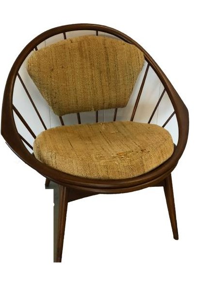 Kofod-Larsen Danish Modern Hoop Chair: Walnut Mid-Century hoop chair. Original cushions. Designed by Kofod-Larsen for Selig; 33in.H. x 33in.W. x 27in.D.