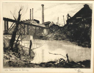 20thC. American Modernist Etching - Factories in Jersey: Drypoint etching. Factories in Jersey. Pencil signed imp GPW, dated 1929 and numbered 6/6; 6.75in. X 8.5in.(image size)