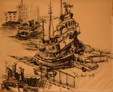 20thC. American Modernist Charcoal - East River Ferry: Charcoal on paper. East River Ferry, NYC. Signed l.r. illegibly; 10.75in. X 13.5in.