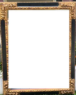 Fancy Gilt and Ebony Carved Wood Frame: Ornate carved gilt and ebony frame. Suitable for a mirror; 48in. X 34in.(inner size), 54in. X 42in.(overall)