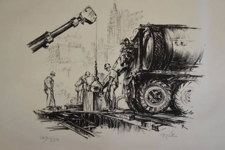 20thC. Modernist Lithograph - World Trade Center Signed: Lithograph. Building the World Trade Center. Artist signed illegibly and numbered 183/250