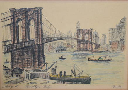 20thC. Modernist Hand Colored Lithograph - Brooklyn: Hand colored lithograph. Brooklyn Bridge. Pencil signed and titled; 10in. X 14.25in.(image size)