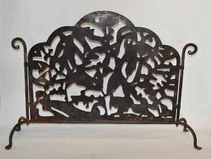 Hand Wrought Iron and Metal Arts & Crafts Firescreen: Hand wrought and metal firescreen. Hand cut sheet metal screen with leaf and foliage design; 28.5in.H. x 42in.W.