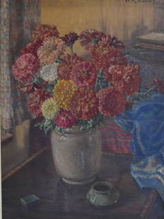 William A. Stewart; 20thC. American Oil Still Life: Oil on board. A Still Life - Flowers in a Vase with Table Objects. Signed u.r. and dated Sept. 1944; 21in. X 16in.