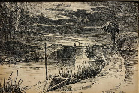 Frederick Pink; 19thC. American Ink Drawing Signed: Ink on paper. A Sketch - Evening Along the River. Signed l.r. and dated 1874; 4.5in. x 6.75in.(image size)