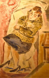 Nathaniel Dirk; 20thC. American Watercolor Signed: Watercolor on paper. Woman Sitting on Chair. Signed l.l. and dated '26. Inscribed on reverse; 16in. X 10.5in.(image size)